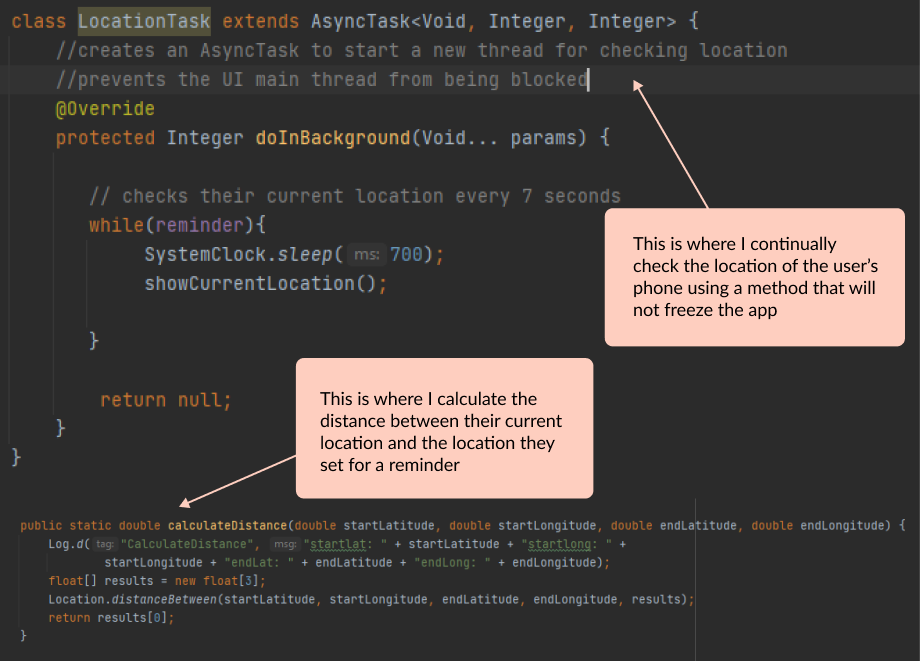 image of snipet of code showing how location difference was calculated